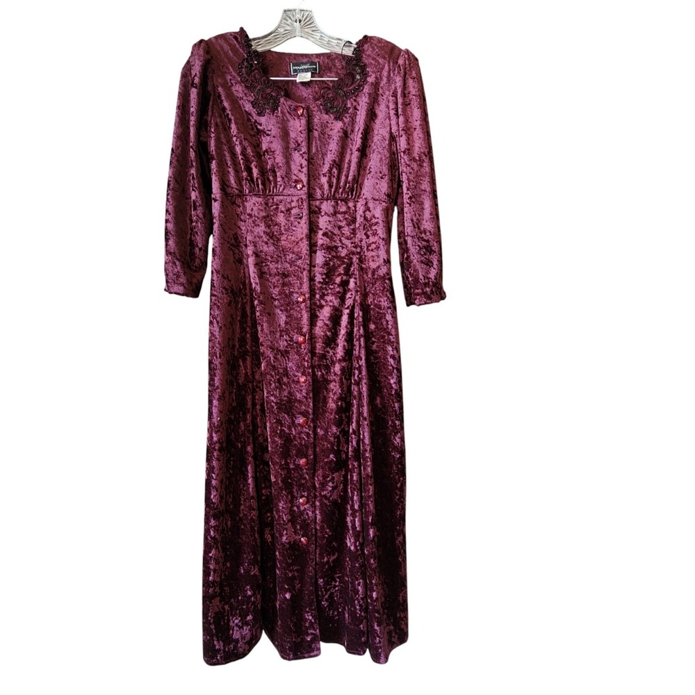 Vintage 80s Crushed Velvet Lace Trim Midi Dress Romantic Whimisgoth Goth Size 6